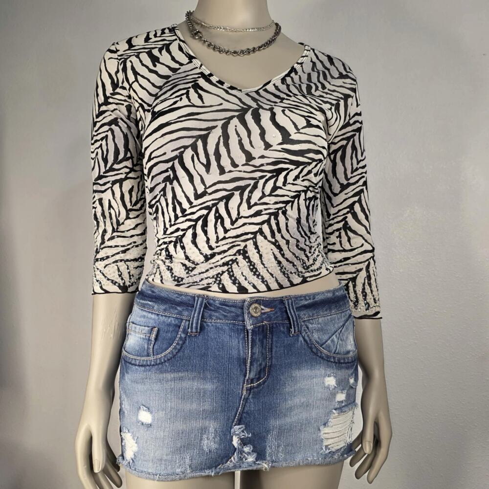Y2K Mesh Sheer Zera Crop Top Fitted Size Large Going Out Vintage Express Sparkle